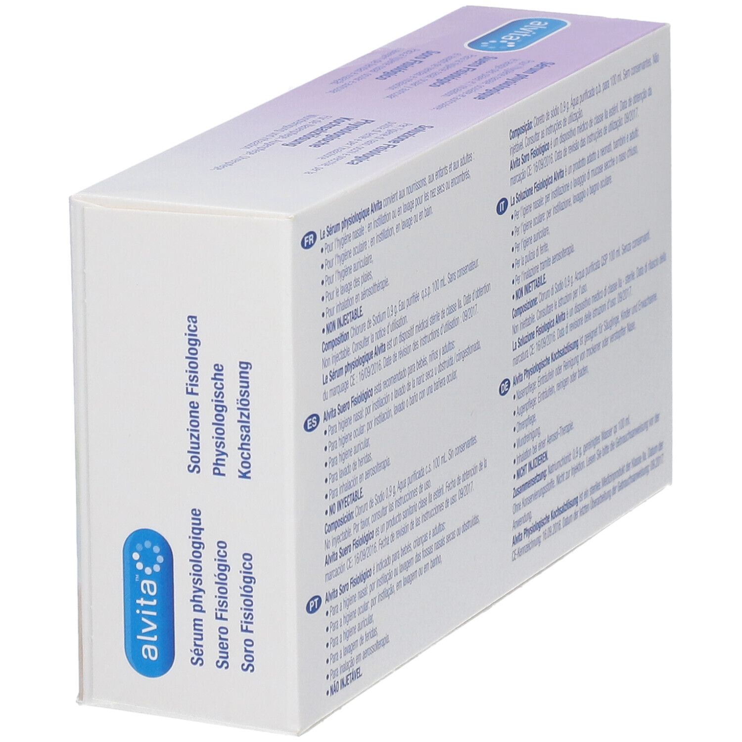 Vue latérale de la boîte avec informations produit multilingues. Contient du texte et des logos.