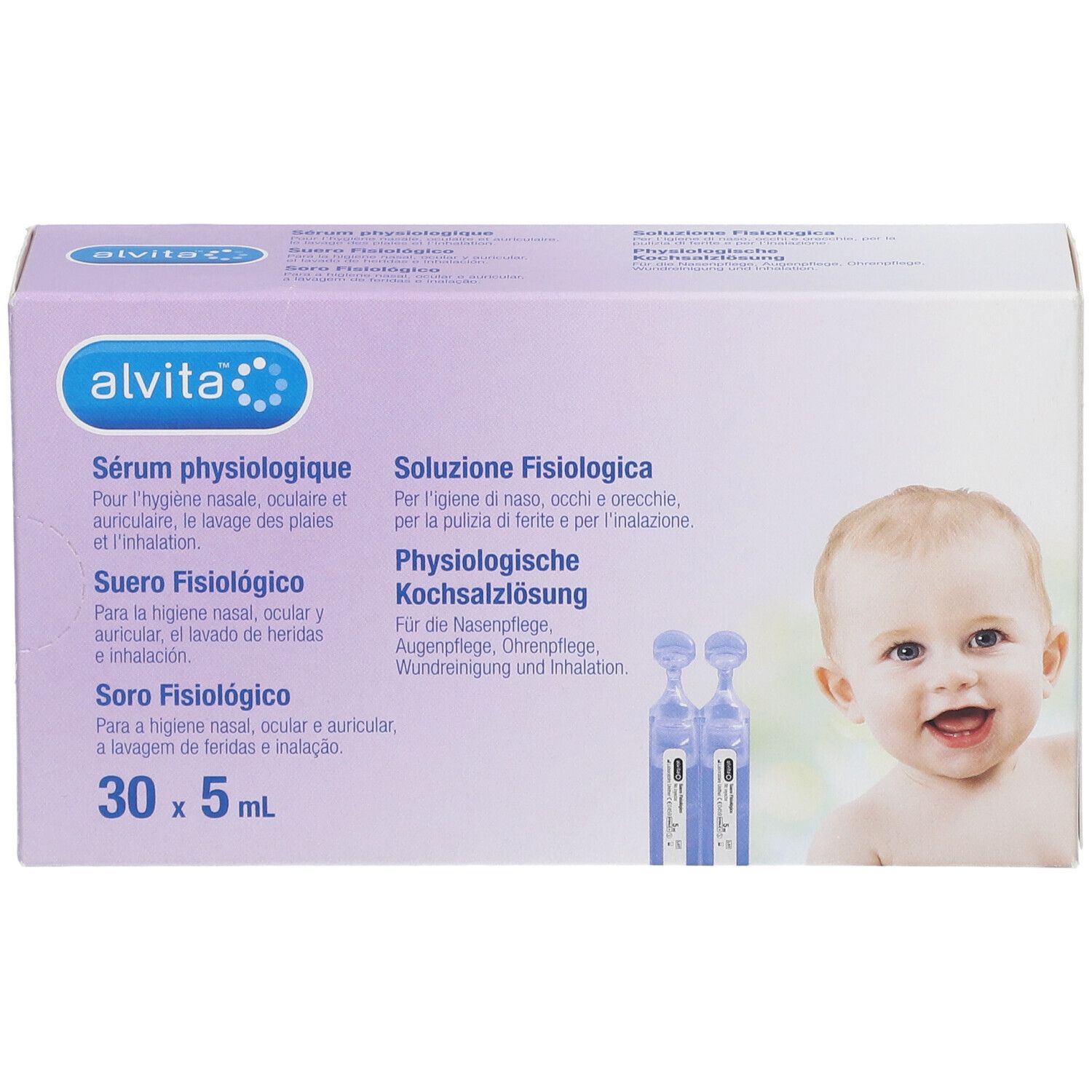 Boîte "alvita" avec texte. Contient des ampoules de solution saline physiologique. Illustration d'un bébé.