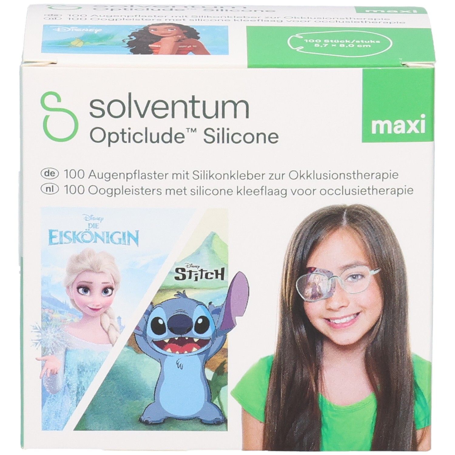 Boîte de pansements oculaires 3M Opticlude Silicone. Design Disney pour filles, taille 5,7 x 8,0 cm. Contient 100 pansements.