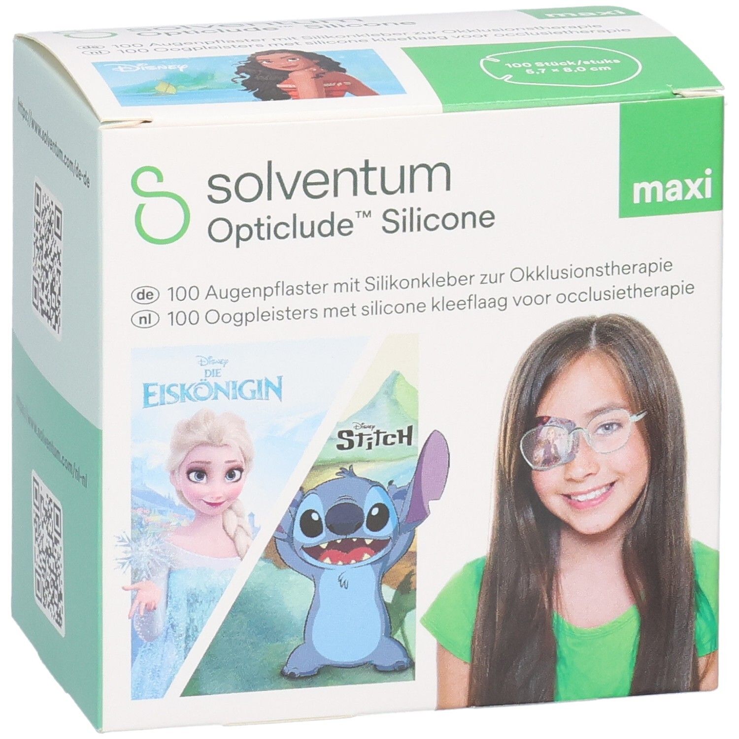 Boîte de pansements oculaires 3M Opticlude Silicone. Design Disney pour filles, taille 5,7 x 8,0 cm. Contient 100 pansements.