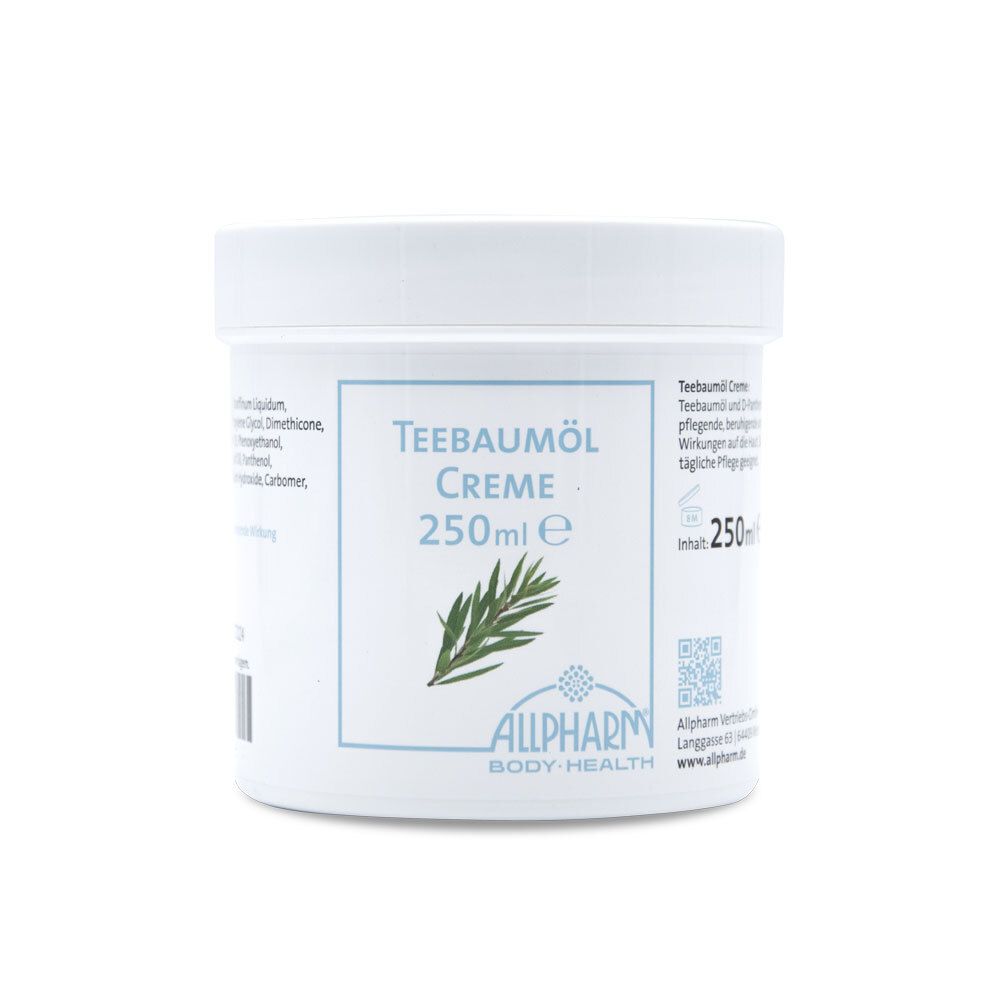Witte pot met blauw etiket. Opschrift: Teebaumöl Creme, 250ml. Logo: ALLPHARM BODY-HEALTH. QR-code.