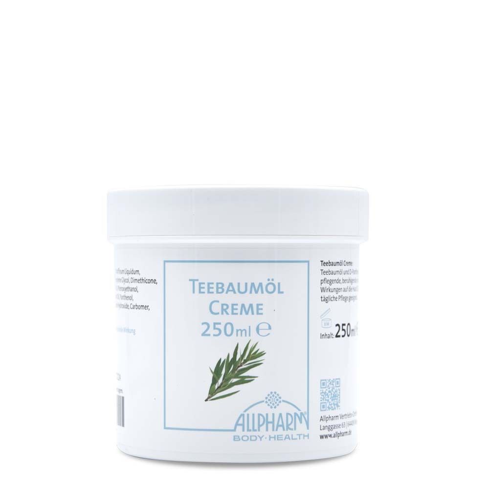 Witte pot met blauw etiket. Opschrift: Teebaumöl Creme, 250ml. Logo: ALLPHARM BODY-HEALTH. QR-code.