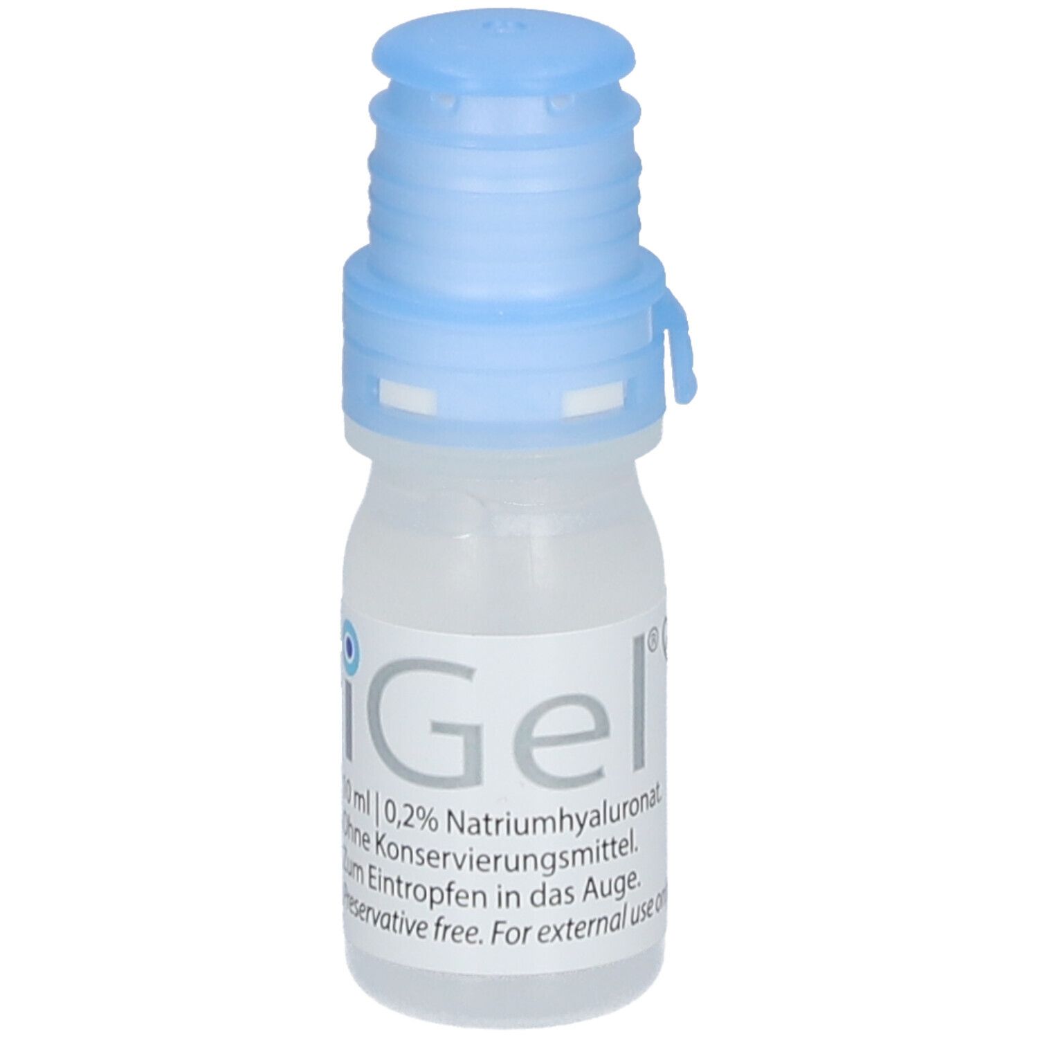 Petite bouteille transparente avec bouchon bleu. Inscription : iGel, 0,2% hyaluronate de sodium, sans conservateur.