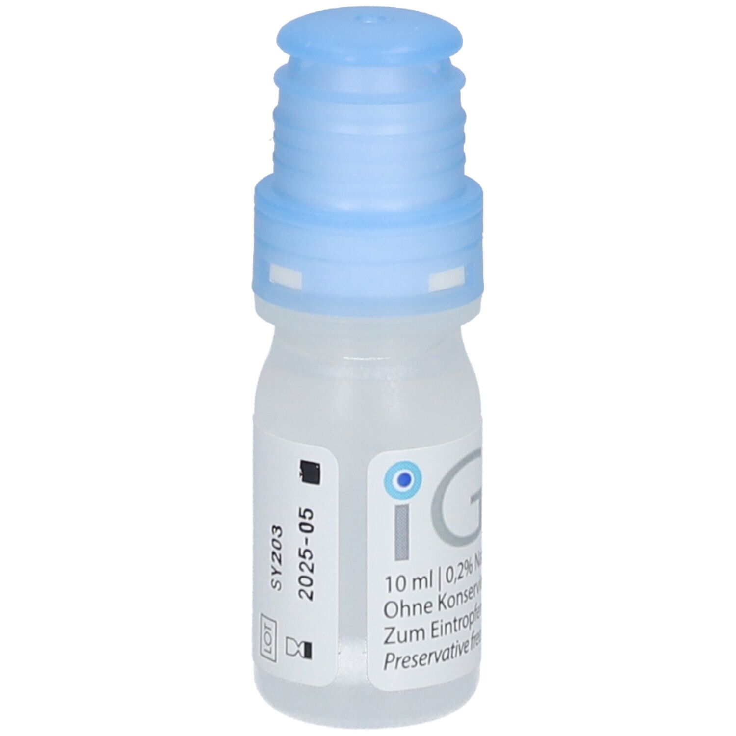 Petite bouteille transparente avec bouchon bleu. Inscription : iGel, 10 ml, 0,2% hyaluronate de sodium, sans conservateur.