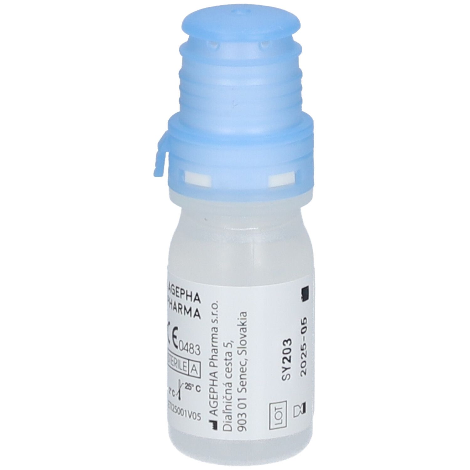 Petite bouteille transparente avec bouchon bleu. Inscription : AGEPHA Pharma, marquage CE, Stérile A.