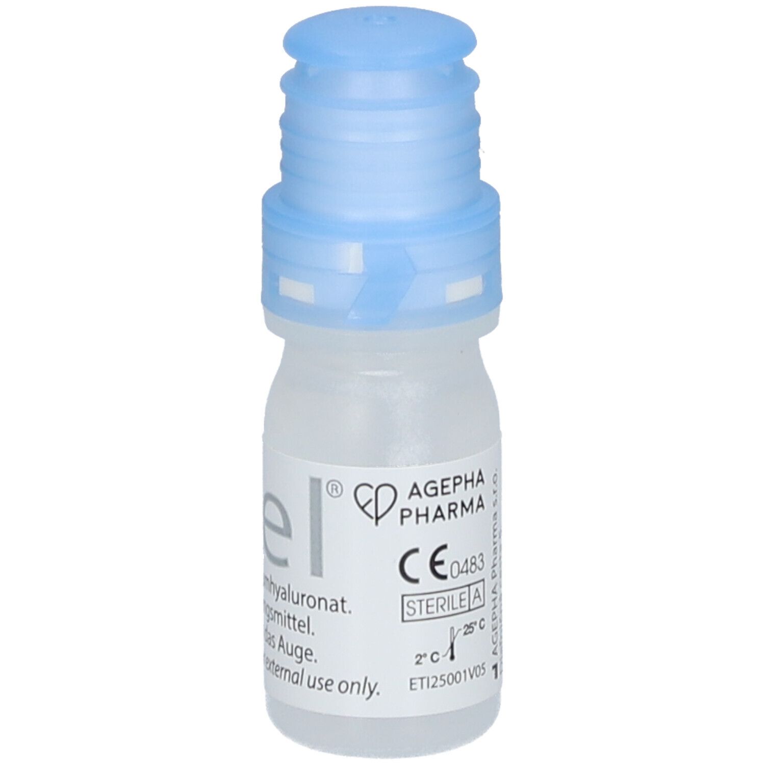 Petite bouteille transparente avec bouchon bleu. Inscription : iGel, AGEPHA Pharma, marquage CE, Stérile A.