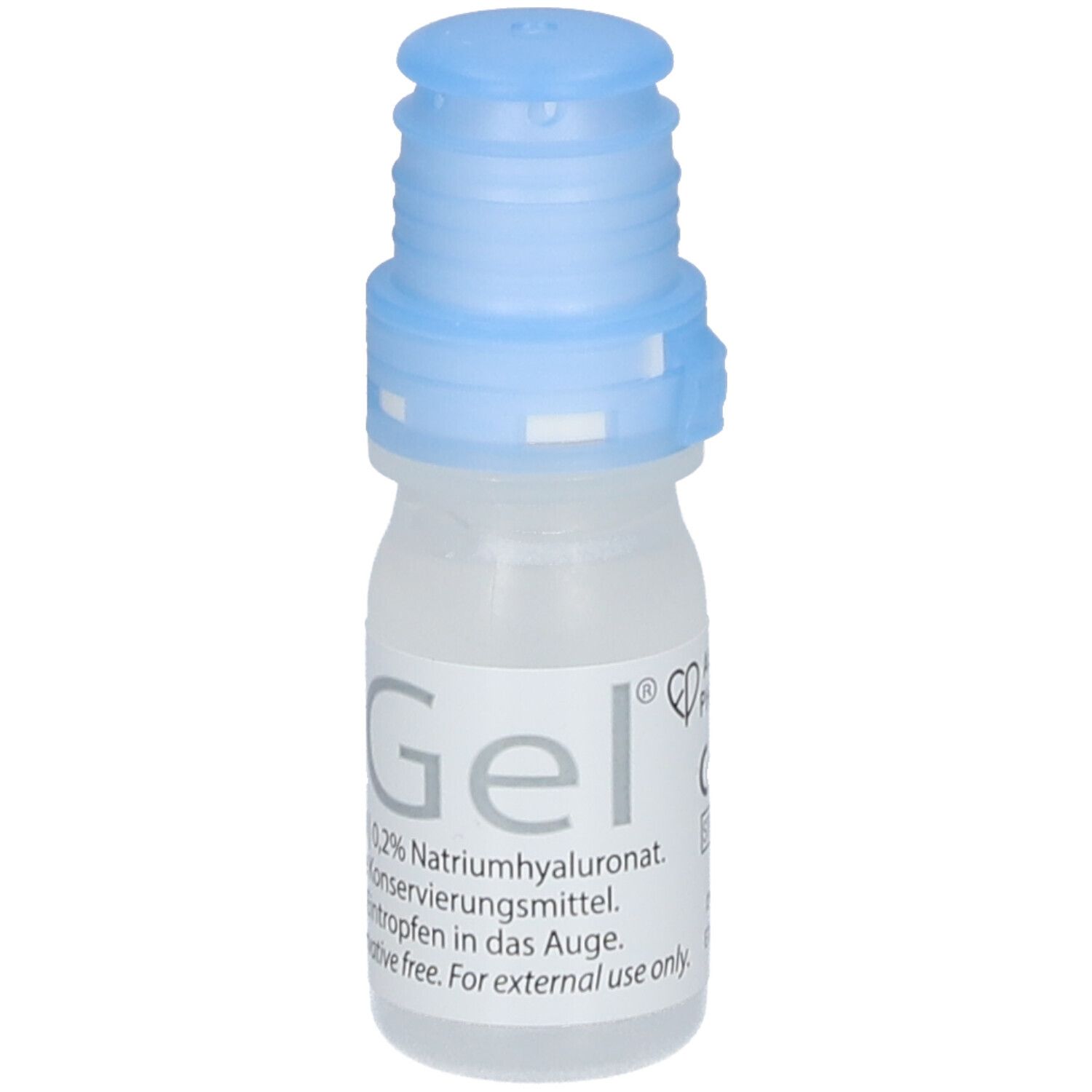 Petite bouteille transparente avec bouchon bleu. Inscription : iGel, 0,2% hyaluronate de sodium, sans conservateur.