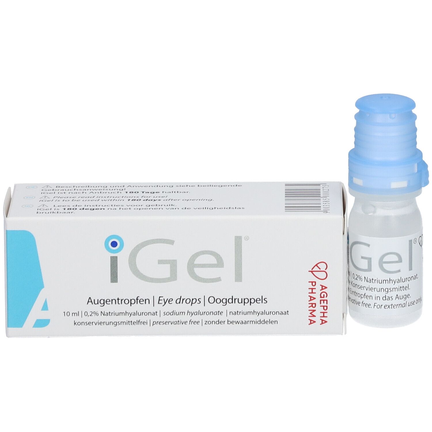 Emballage et flacon. Emballage : blanc, bleu, iGel, collyre, 10 ml, 0,2% hyaluronate de sodium. Flacon : transparent, bleu.