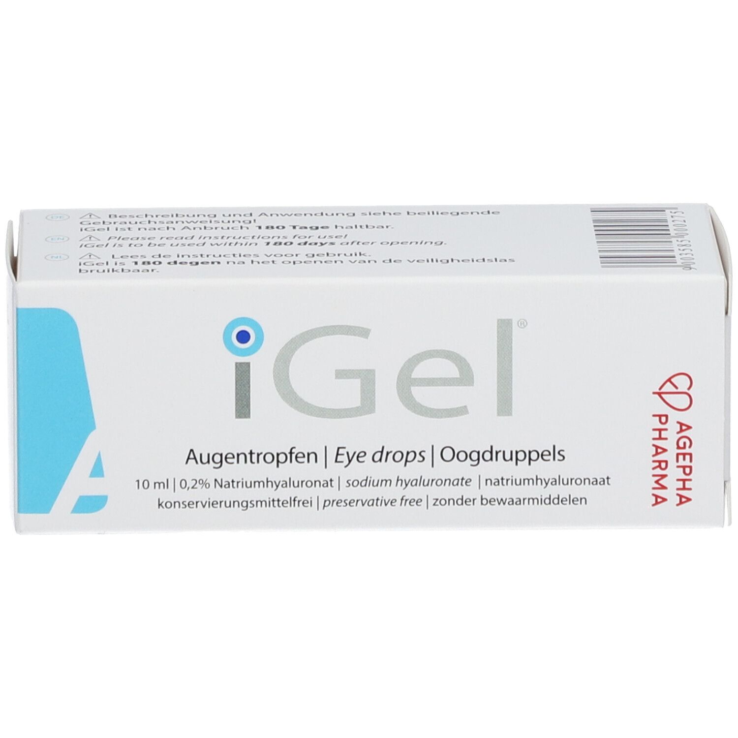 Emballage blanc avec design bleu. Inscription : iGel, collyre, 10 ml, 0,2% hyaluronate de sodium, AGEPHA Pharma.