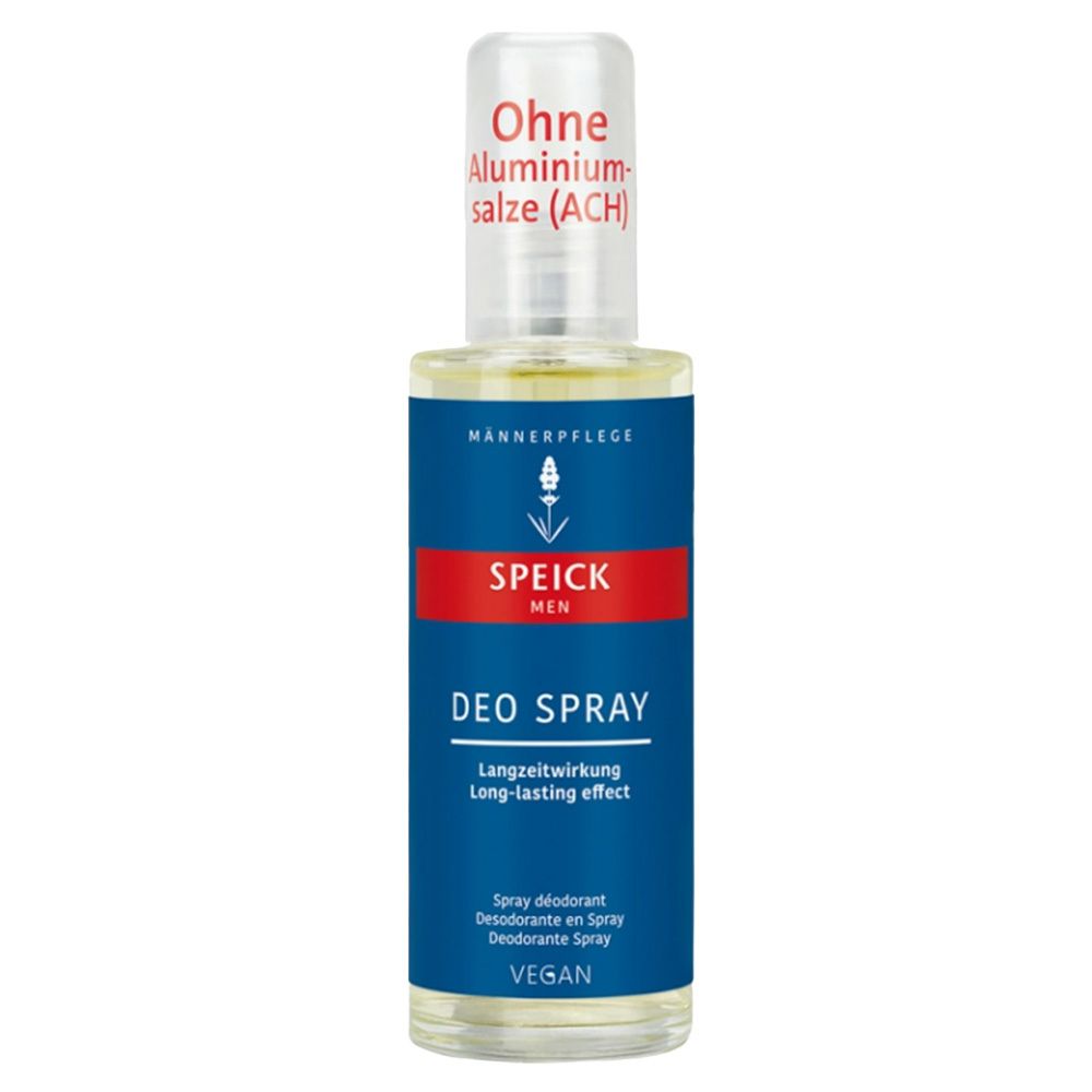 Speick Men Deo Spray in doorzichtige fles met blauw etiket. Zonder aluminiumzouten (ACH). Vegan.