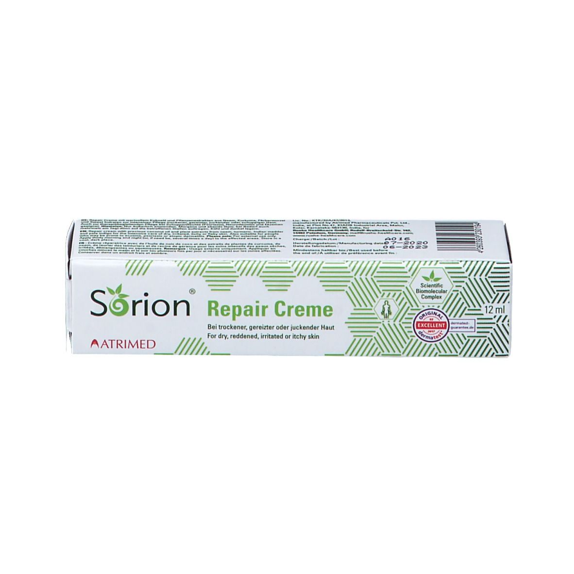 Boîte avec inscription : Sorion Repair Creme. Emballage vert et blanc. 12 ml.