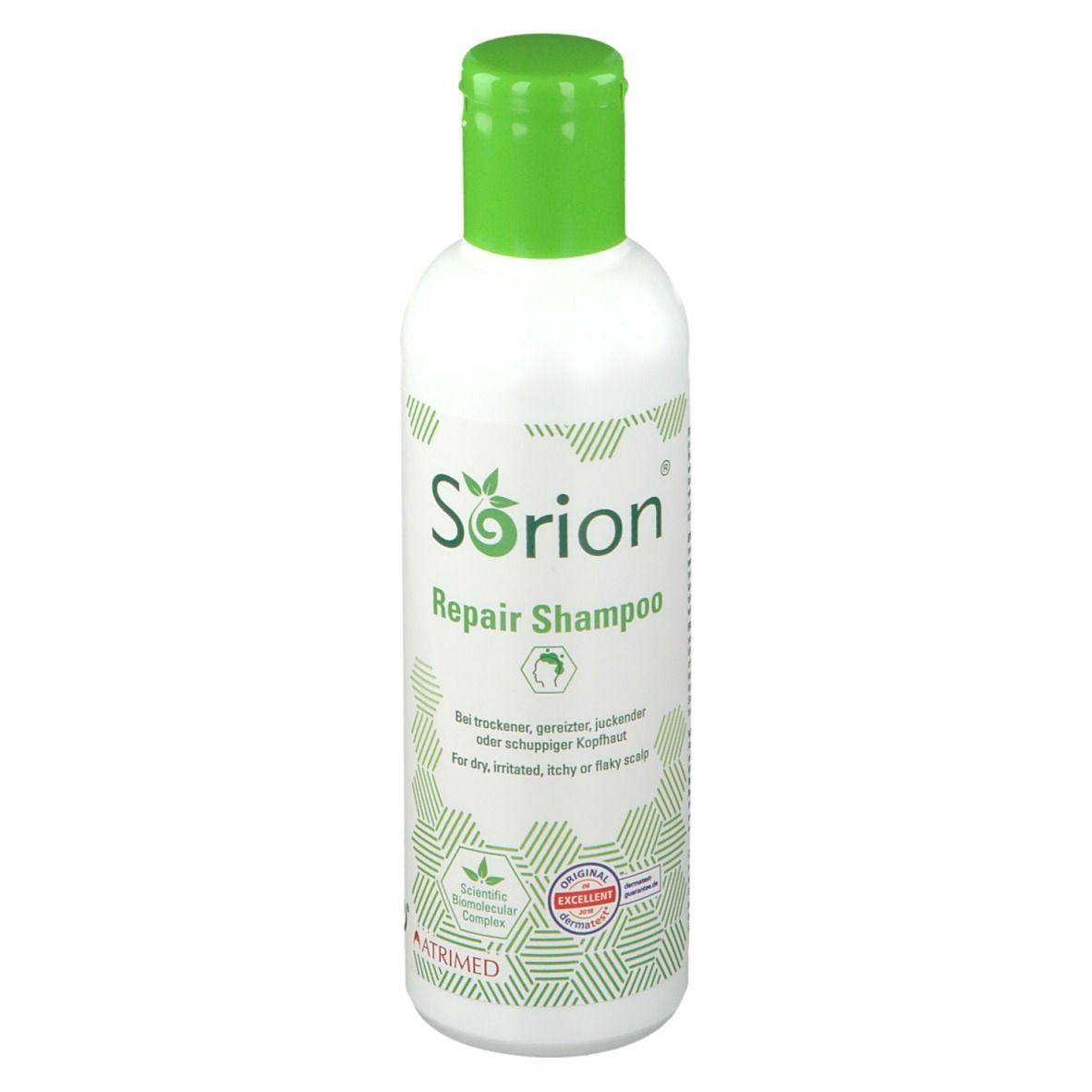 Bouteille de Sorion Repair Shampoo avec bouchon à rabat vert. Étiquetage en allemand et anglais.
