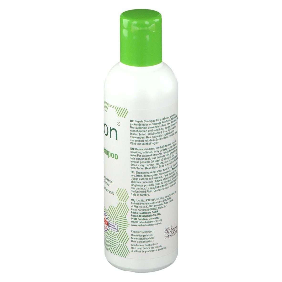 Arrière de la bouteille Sorion Repair Shampoo avec instructions d'utilisation et informations fabricant.