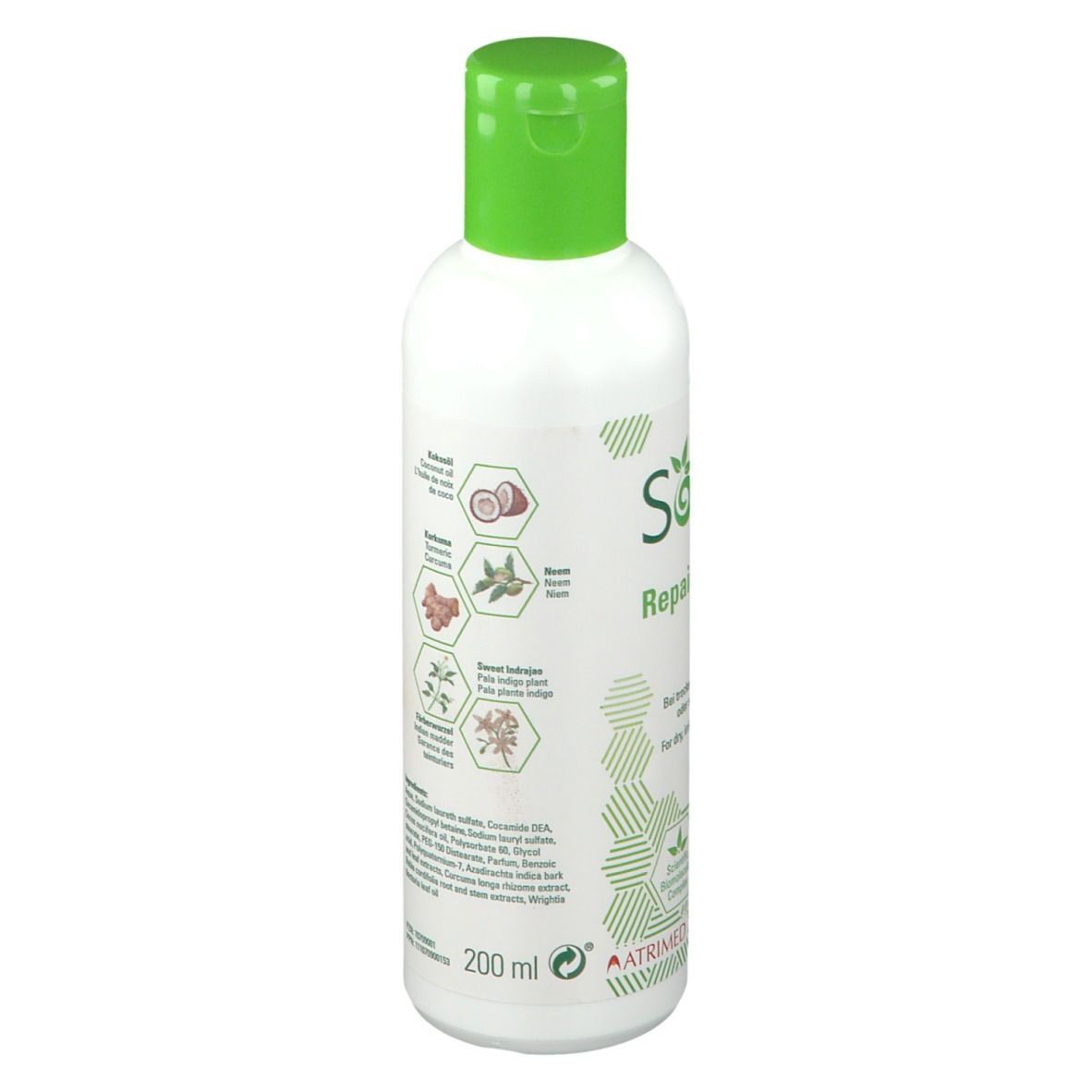 Avant de la bouteille Sorion Repair Shampoo mettant en évidence les ingrédients et les sceaux.