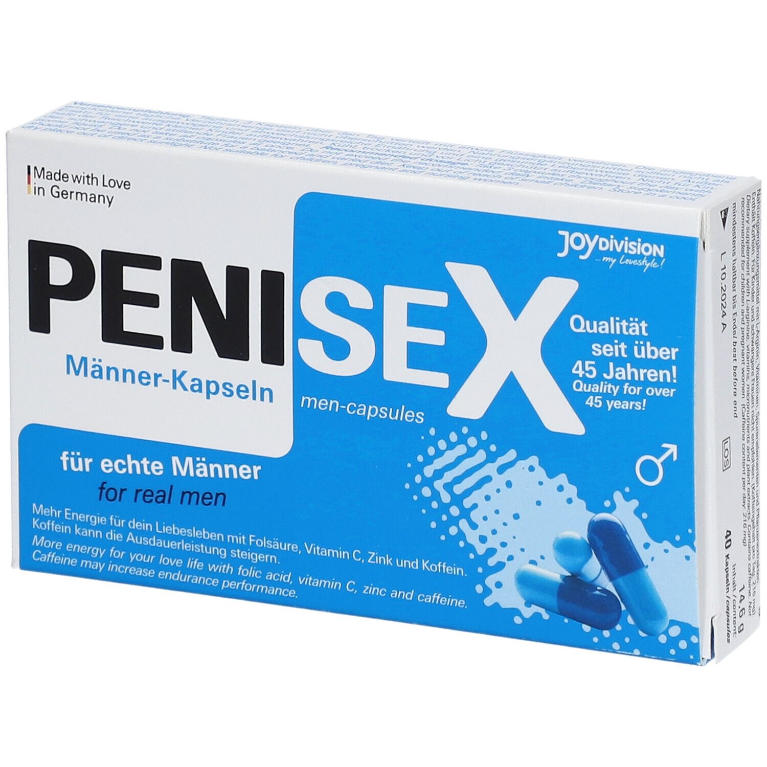 Doosje met PENISEX mannen capsules. Blauwe en witte capsules ernaast. Tekst: voor echte mannen.