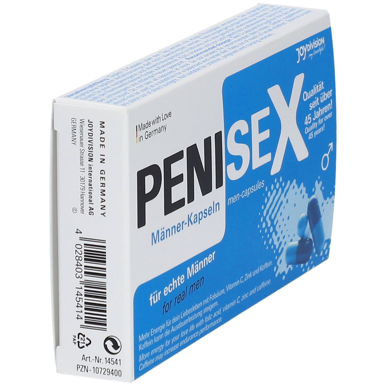 Doosje PENISEX mannen capsules, schuin. Blauwe en witte capsules. Tekst: Made in Germany, voor echte mannen.