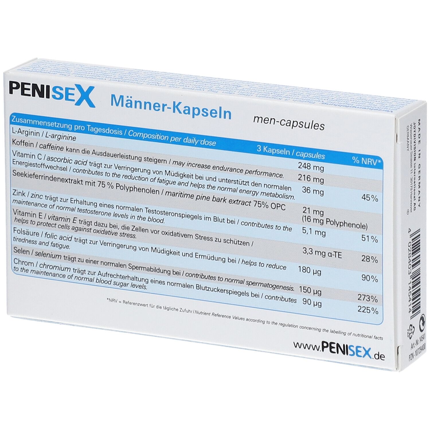 Achterkant van de PENISEX mannen capsules doos. Voedingswaarde en ingrediënten. Tekst: 3 capsules/dagdosering.