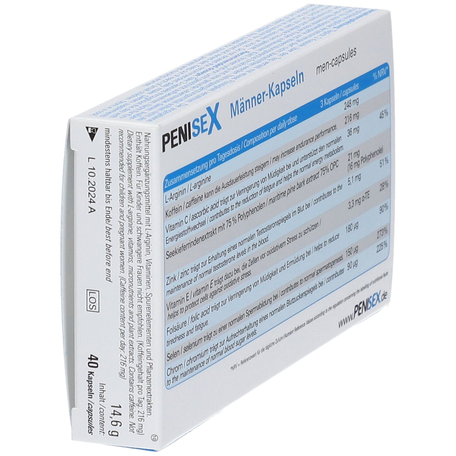 Doosje PENISEX mannen capsules, schuin. Achterkant met voedingswaarde. Tekst: 40 capsules, 14,6 g.