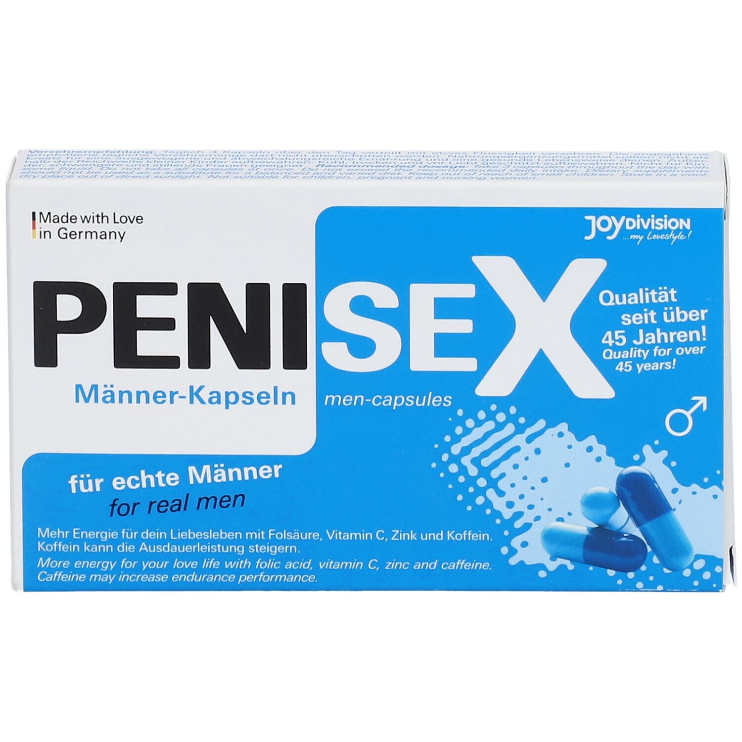 Doosje met PENISEX mannen capsules. Blauwe en witte capsules ernaast. Tekst: voor echte mannen.