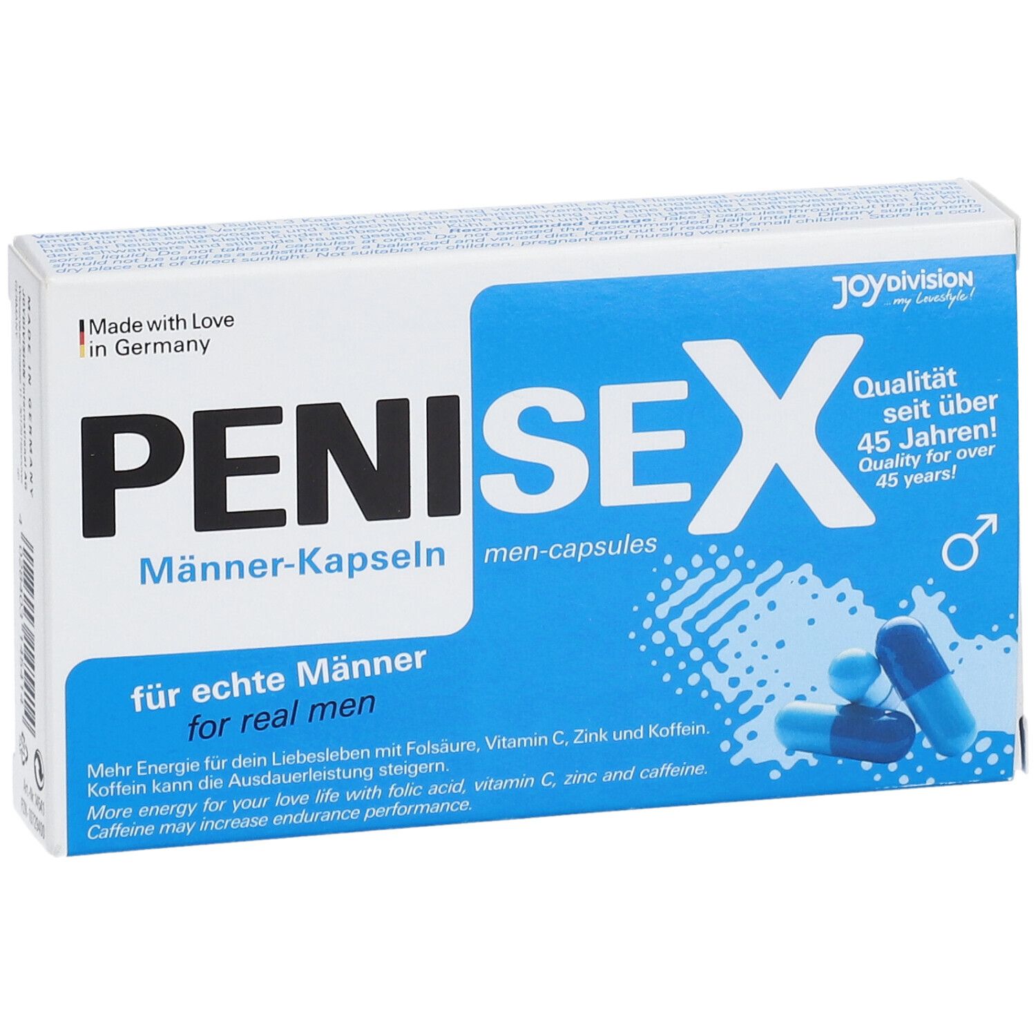Doosje met PENISEX mannen capsules. Blauwe en witte capsules ernaast. Tekst: voor echte mannen.
