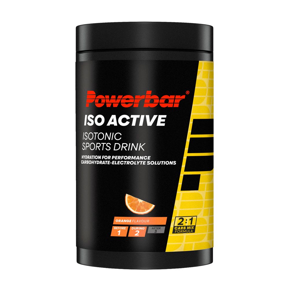 Zwarte pot PowerBar Iso Active Orange. Isotonische sportdrank. 2:1 koolhydraat-elektrolytenformule. Sinaasappelsmaak.