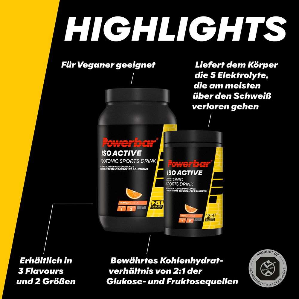 PowerBar Iso Active. 2 maten, 3 smaken. 2:1 koolhydraatverhouding. Geschikt voor veganisten. Zwarte pot.