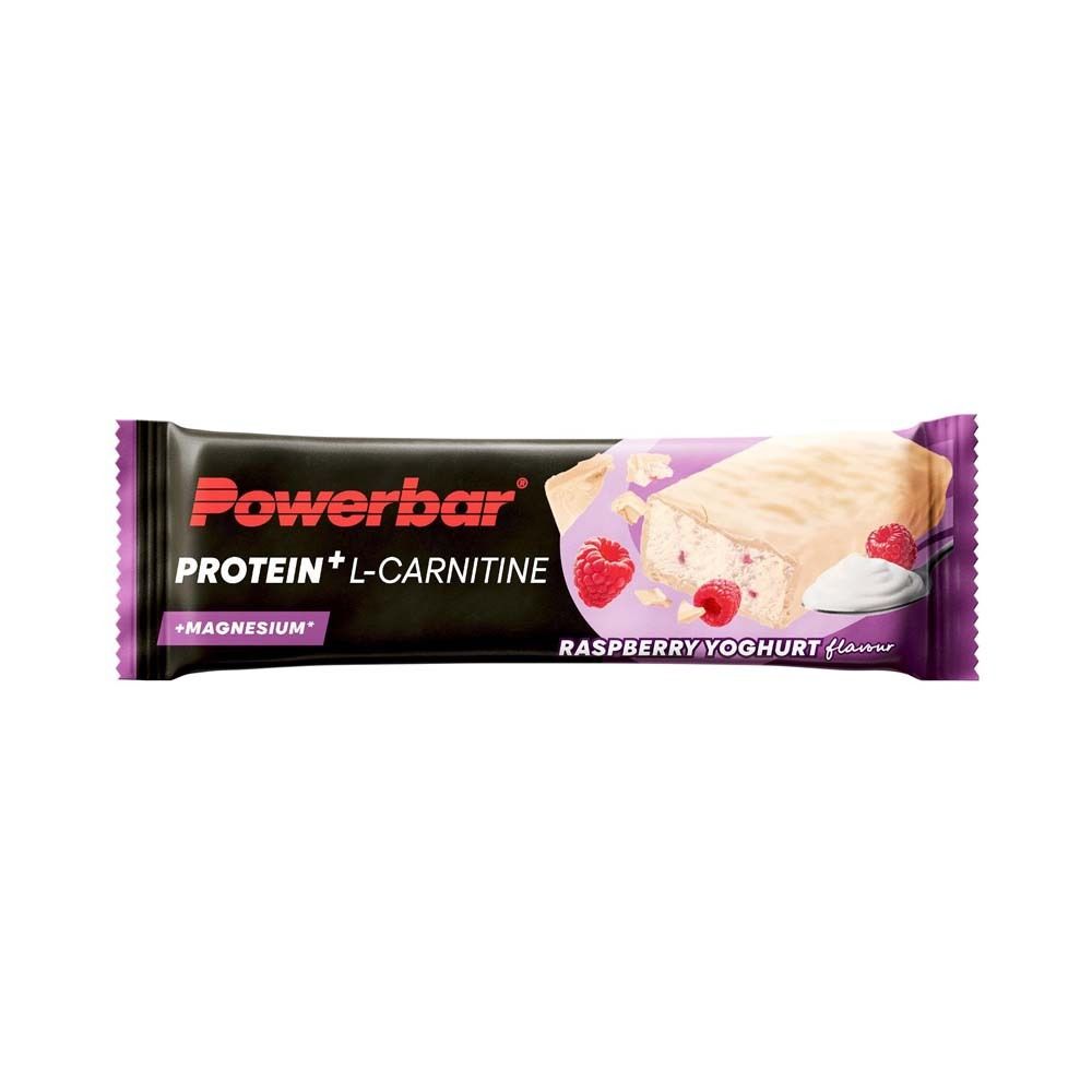 Barre Powerbar Protein Plus L-Carnitine. Emballage noir et violet. Goût yaourt framboise. Illustration du produit.