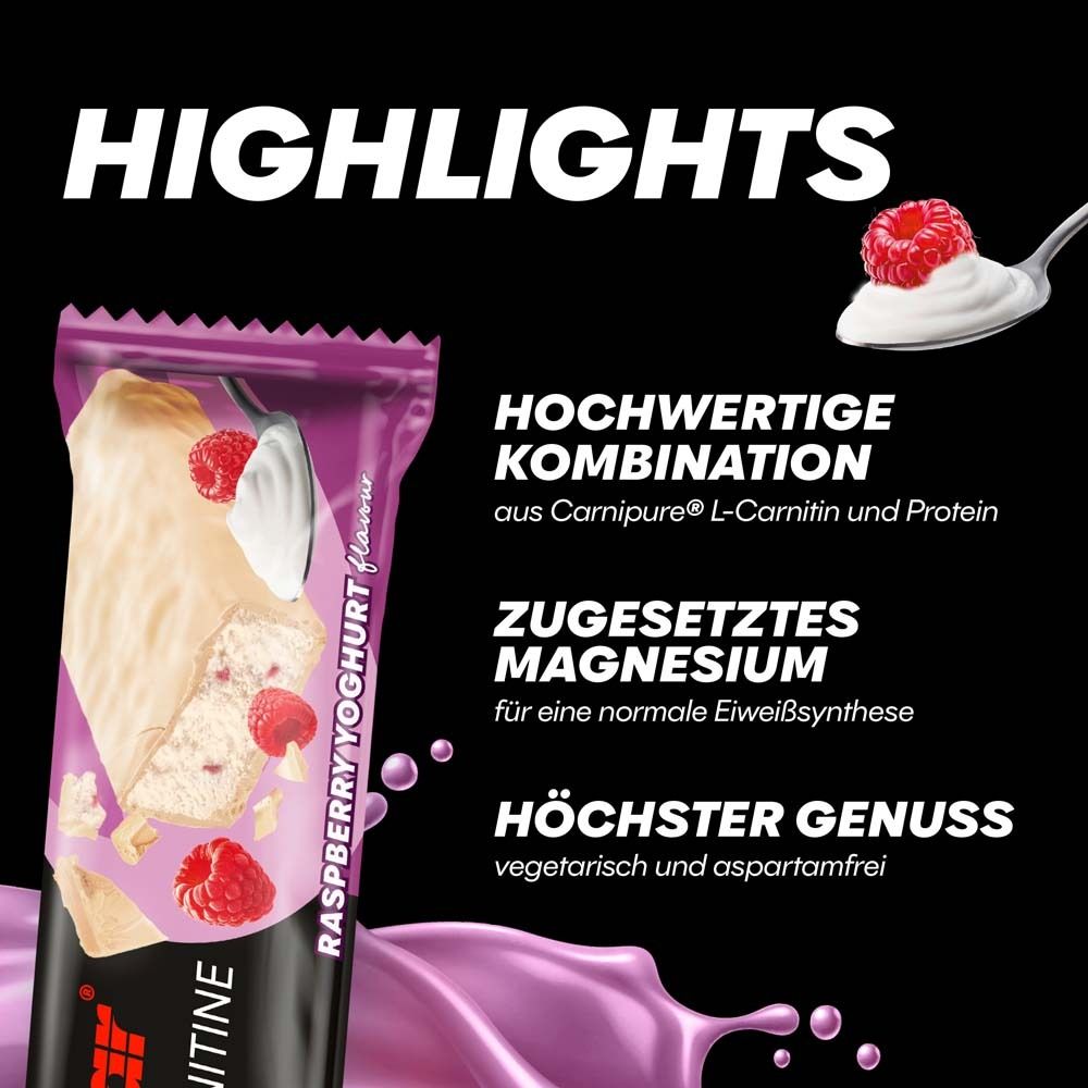 Détail d'un emballage de barre Powerbar Protein Plus L-Carnitine. Goût yaourt framboise. Texte : Combinaison de qualité, magnésium, plaisir.