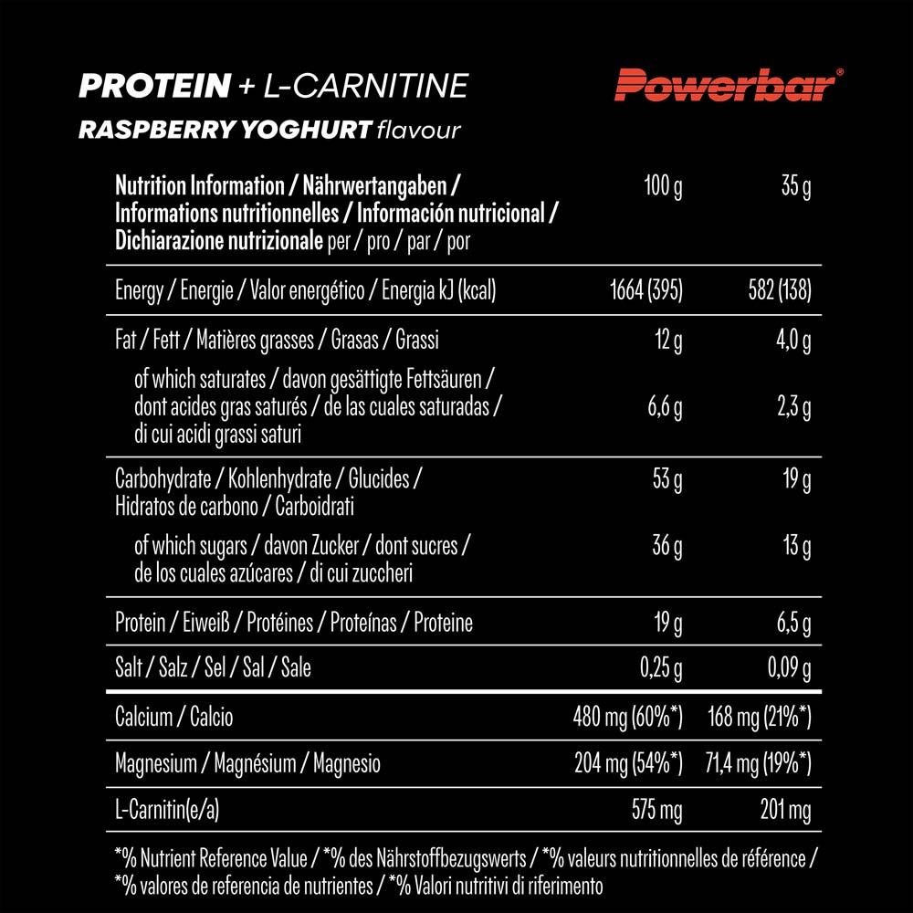 Tableau nutritionnel pour barre Powerbar Protein Plus L-Carnitine. Informations sur énergie, graisses, glucides, protéines, sel, calcium, magnésium, L-carnitine.