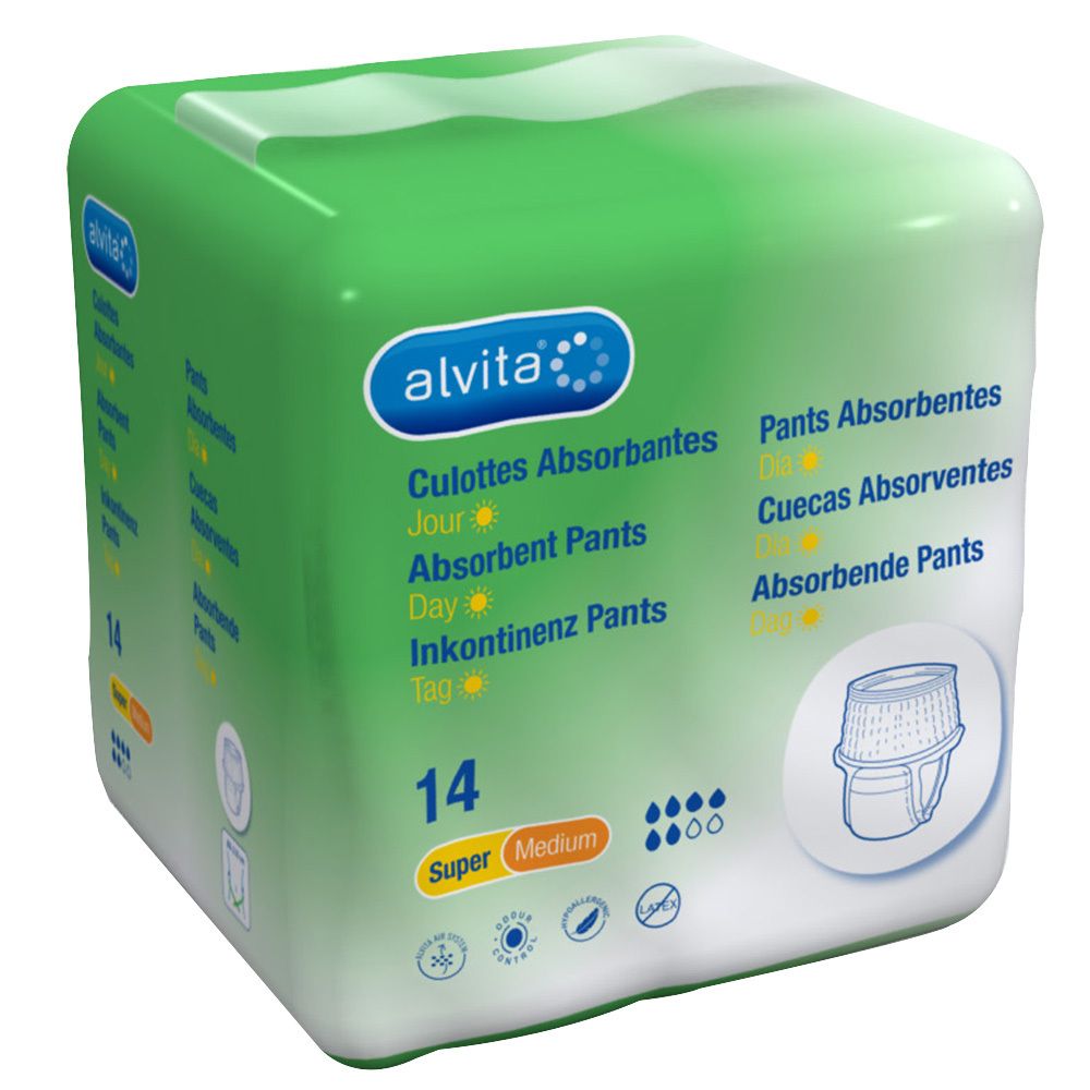 Groene verpakking alvita® Inkontinenzpants. 14 stuks, Super Medium. Meertalige opschriften.