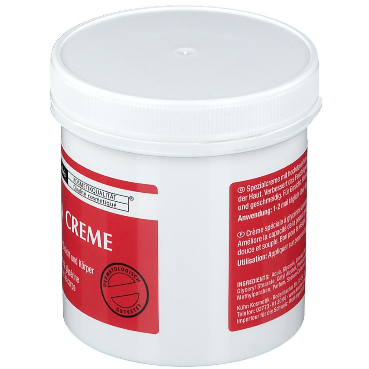 Pot blanc avec étiquette rouge. Texte: Crème spéciale à la glycérine. Testé dermatologiquement.