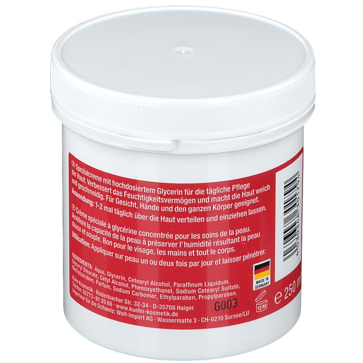 Pot blanc avec étiquette rouge. Texte: Crème spéciale à la glycérine. Fabriqué en Allemagne. 250 ml.