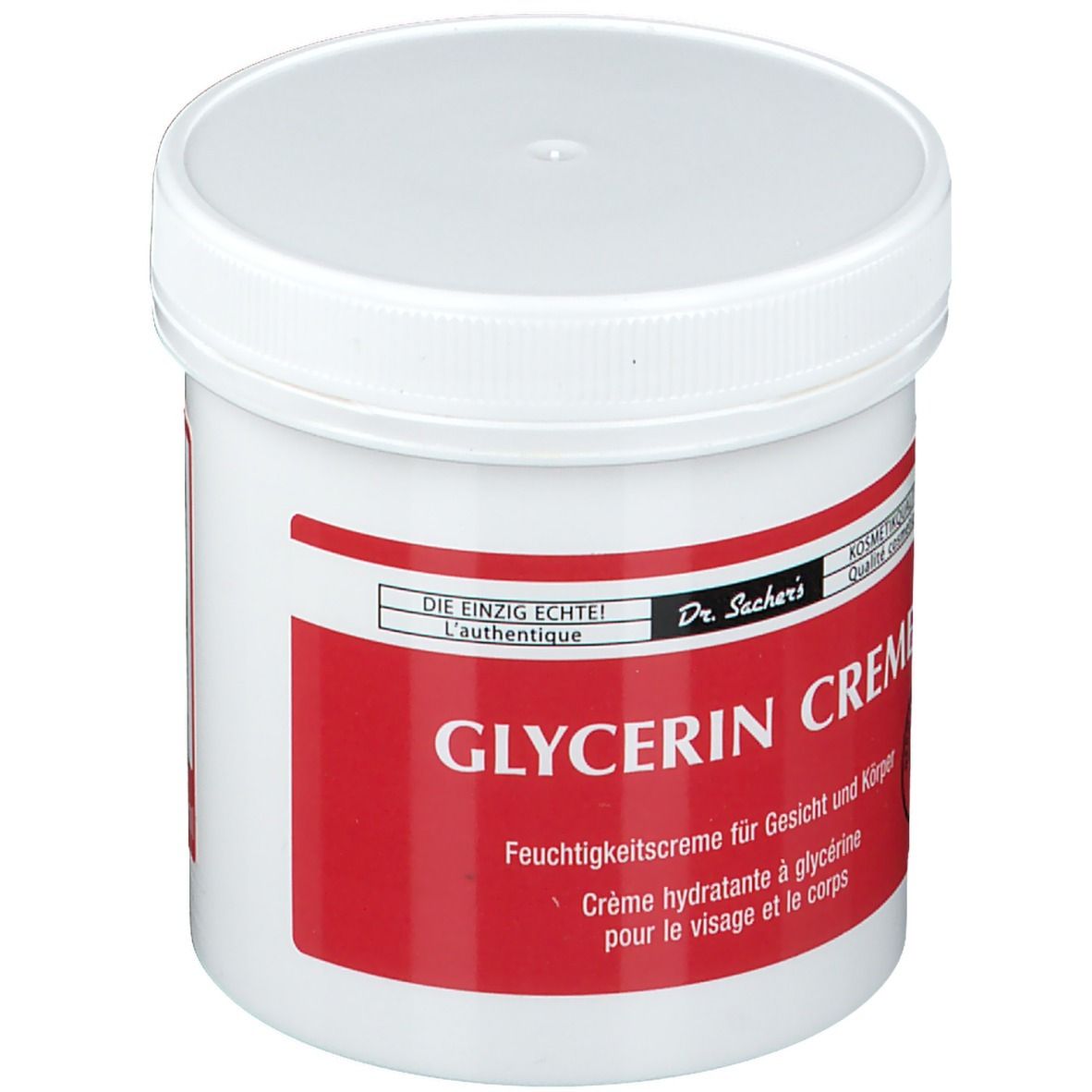 Pot blanc avec étiquette rouge. Inscription: Glycerin Creme, Dr. Sachers. Qualité cosmétique.