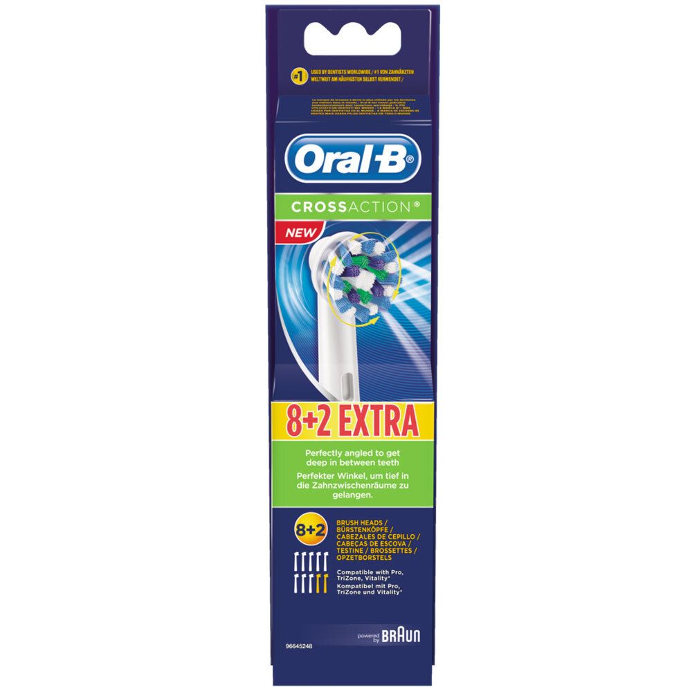Verpakking met 8+2 Oral-B CrossAction opzetborstels.