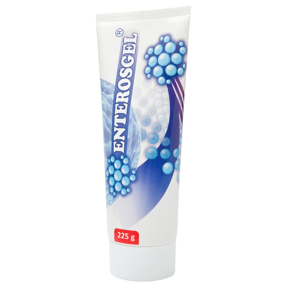 Witte tube met ENTEROSGEL-logo en blauwe grafische elementen. 225 g. Mondstuk met schroefdop.