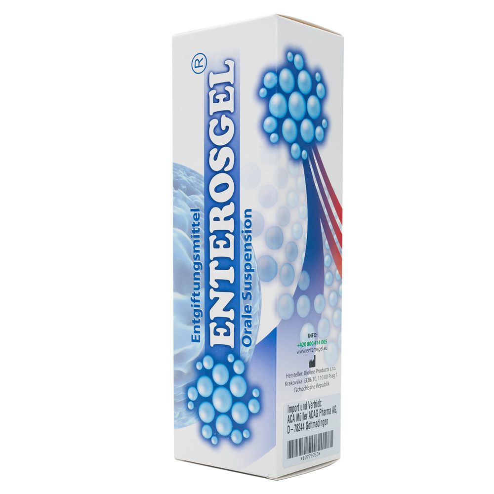 Hoge, rechthoekige doos met ENTEROSGEL-logo en blauwe grafische elementen. Bevat orale suspensie.