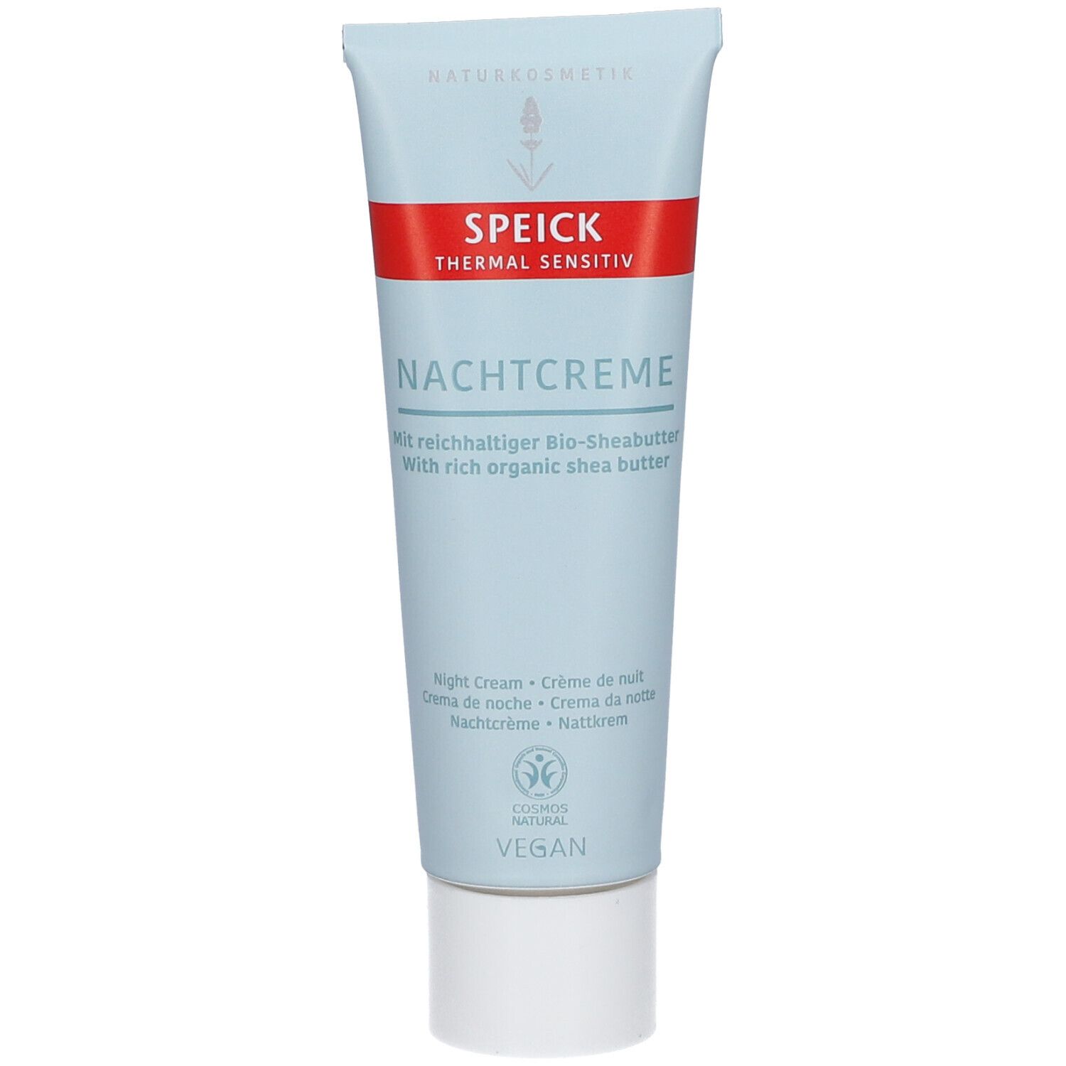 Tube bleu clair avec bande rouge. SPEICK Thermal Sensitiv Nachtcreme. Végétalien. Beurre de karité. Bouchon à vis blanc.