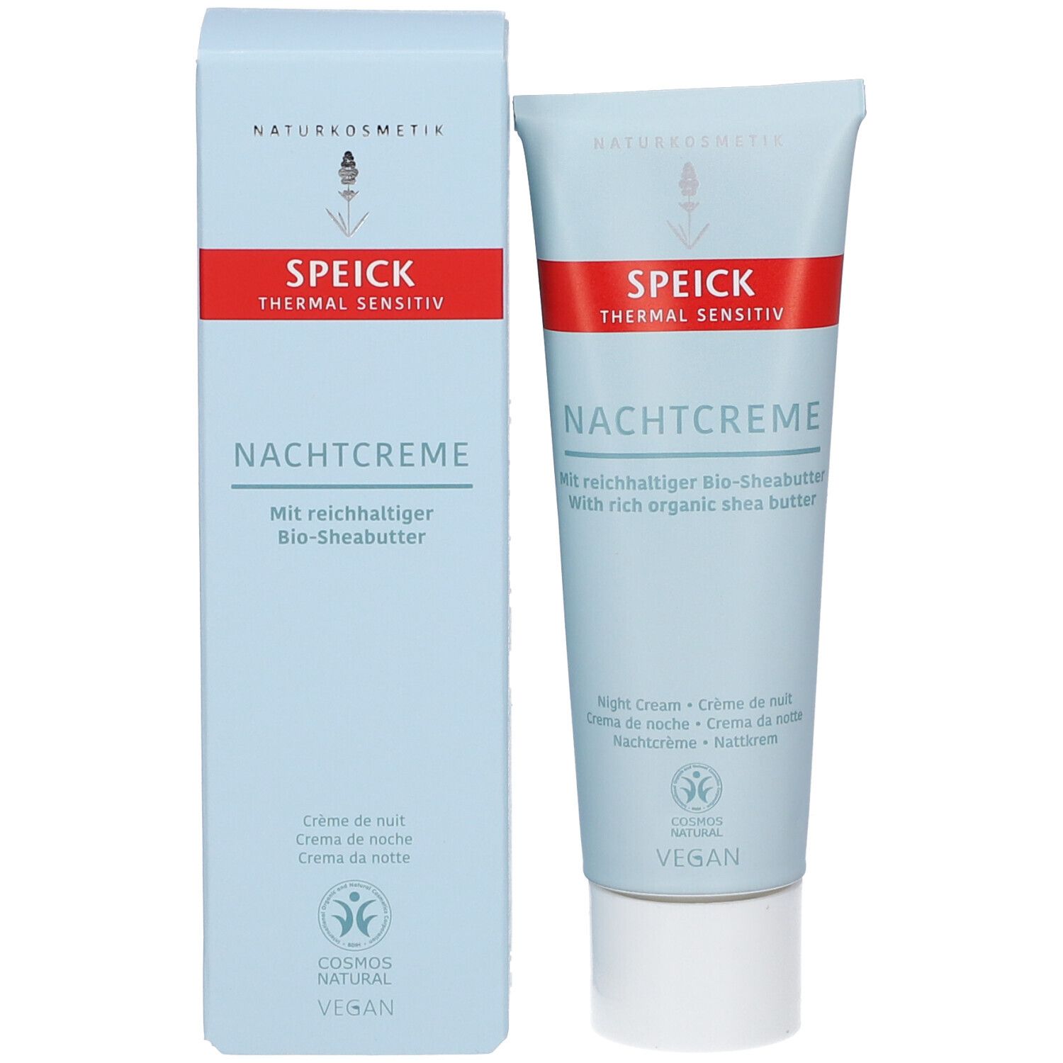 Emballage du produit. Tube et boîte. SPEICK Thermal Sensitiv Nachtcreme. Bleu clair avec bande rouge. Végétalien.