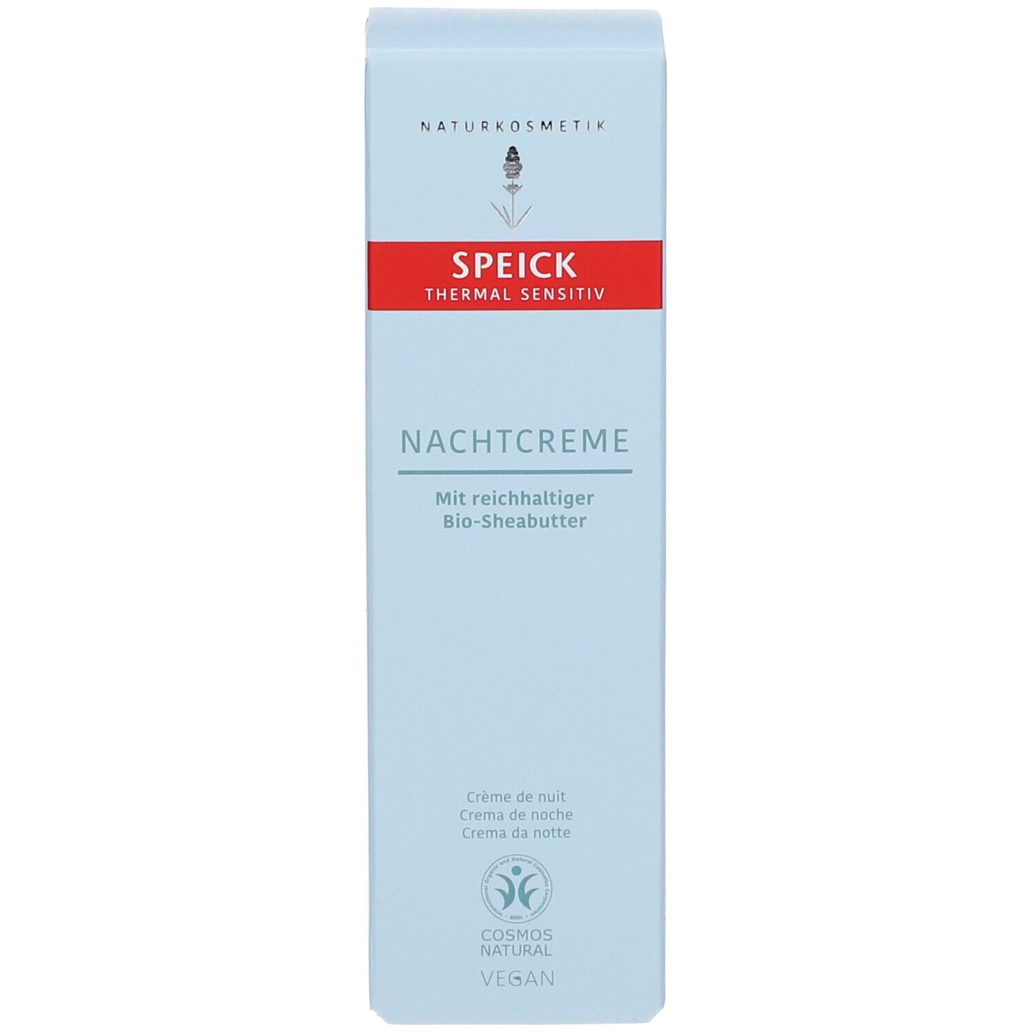 Boîte bleu clair. SPEICK Thermal Sensitiv Nachtcreme. Texte en allemand. Beurre de karité. Végétalien. Fond blanc.