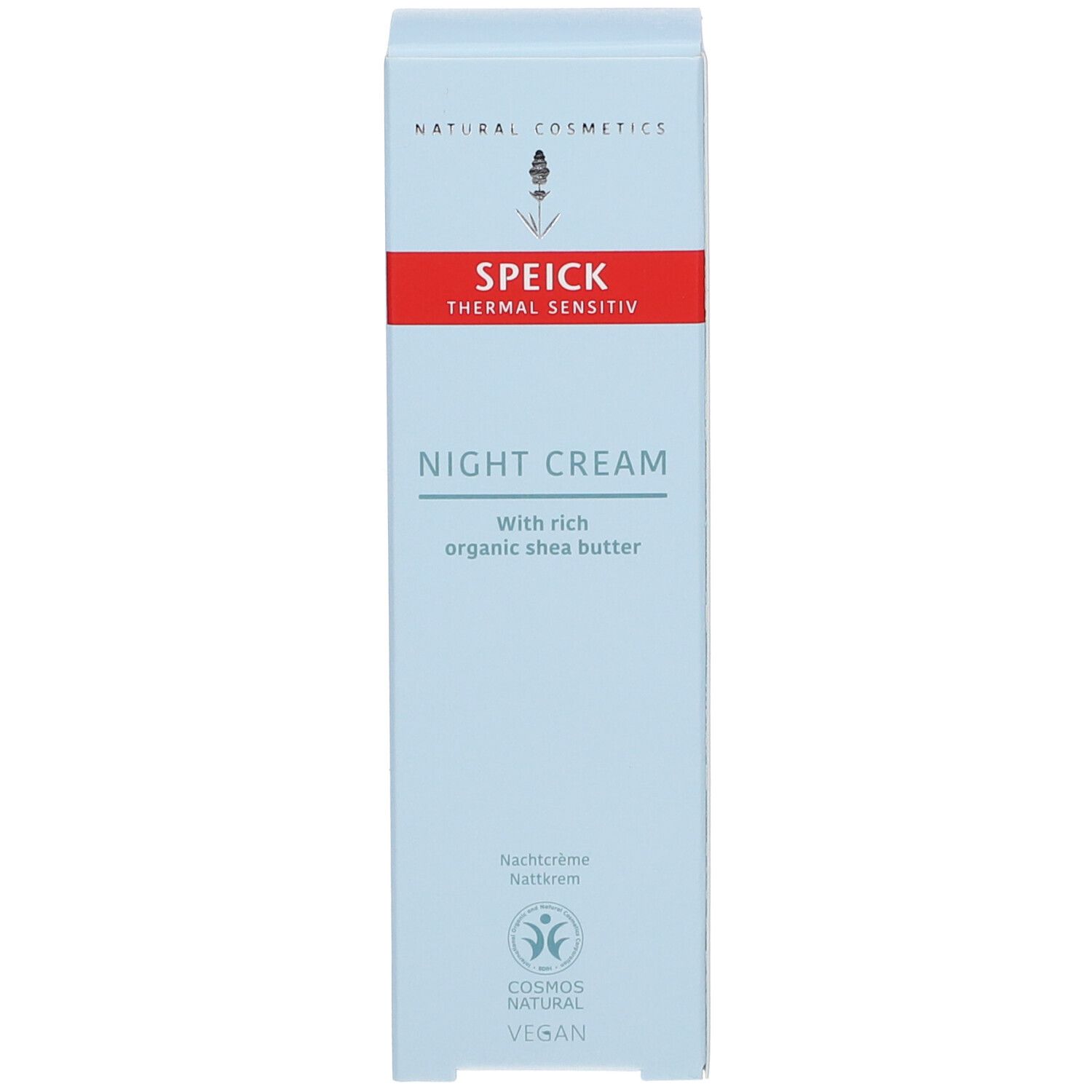 Boîte bleu clair. SPEICK Thermal Sensitiv Night Cream. Texte en anglais. Beurre de karité. Végétalien. Fond blanc.