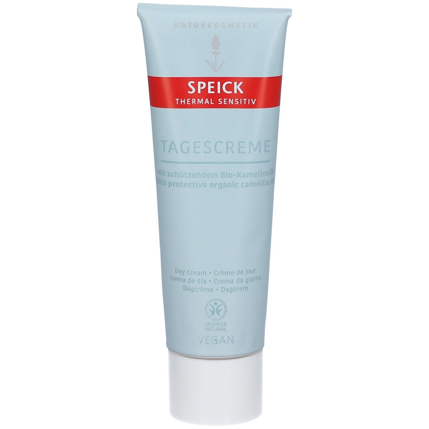 Tube bleu clair avec bande rouge. Inscription : SPEICK Thermal Sensitiv Tagescreme. Sceau végétalien.