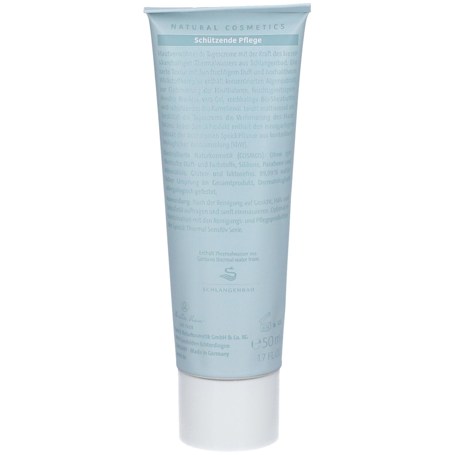 Dos du tube. Texte en écriture bleu clair. Logo et sceau végétalien. Volume : 50 ml.
