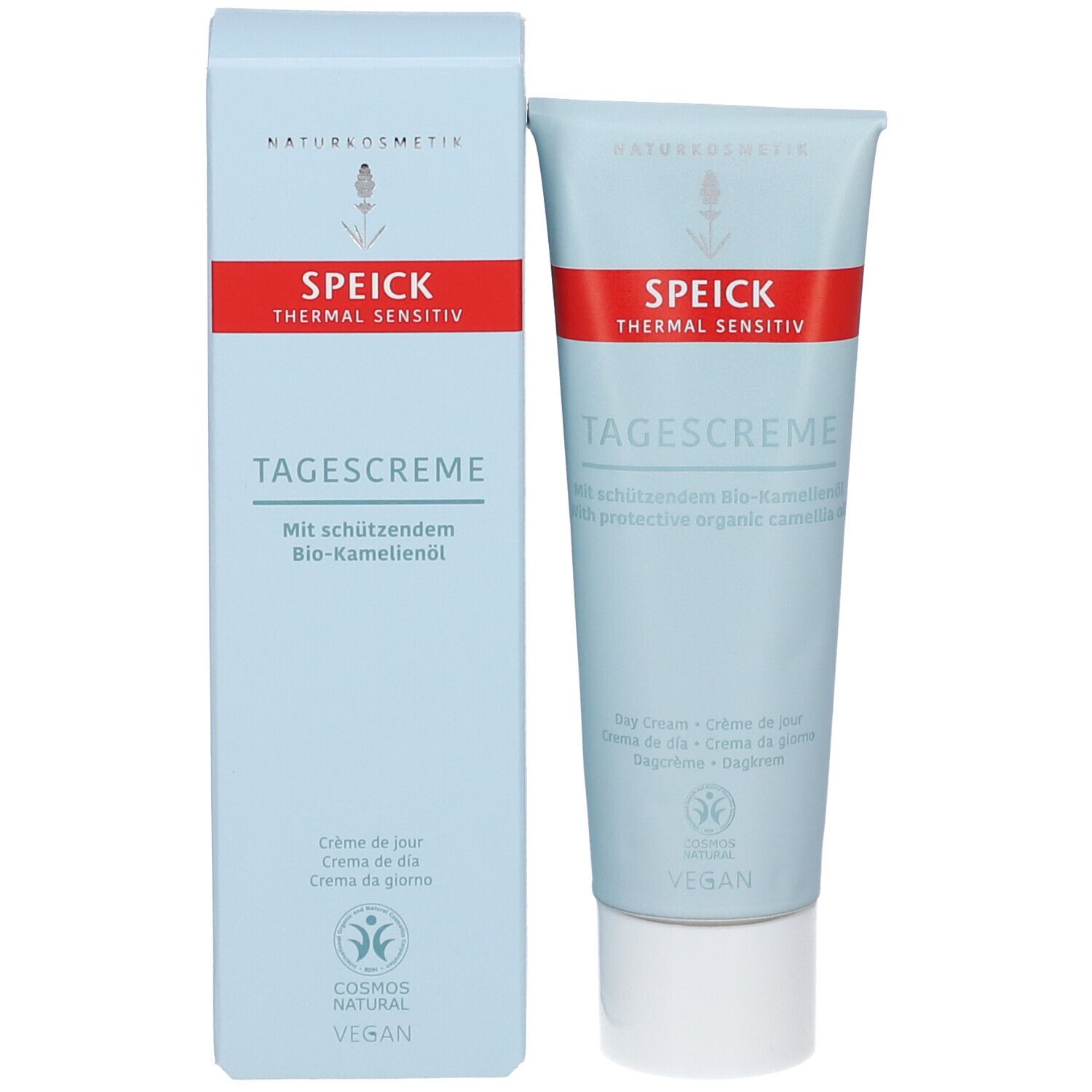 Emballage du produit : tube et boîte. Inscription : SPEICK Thermal Sensitiv Tagescreme. Sceau végétalien.