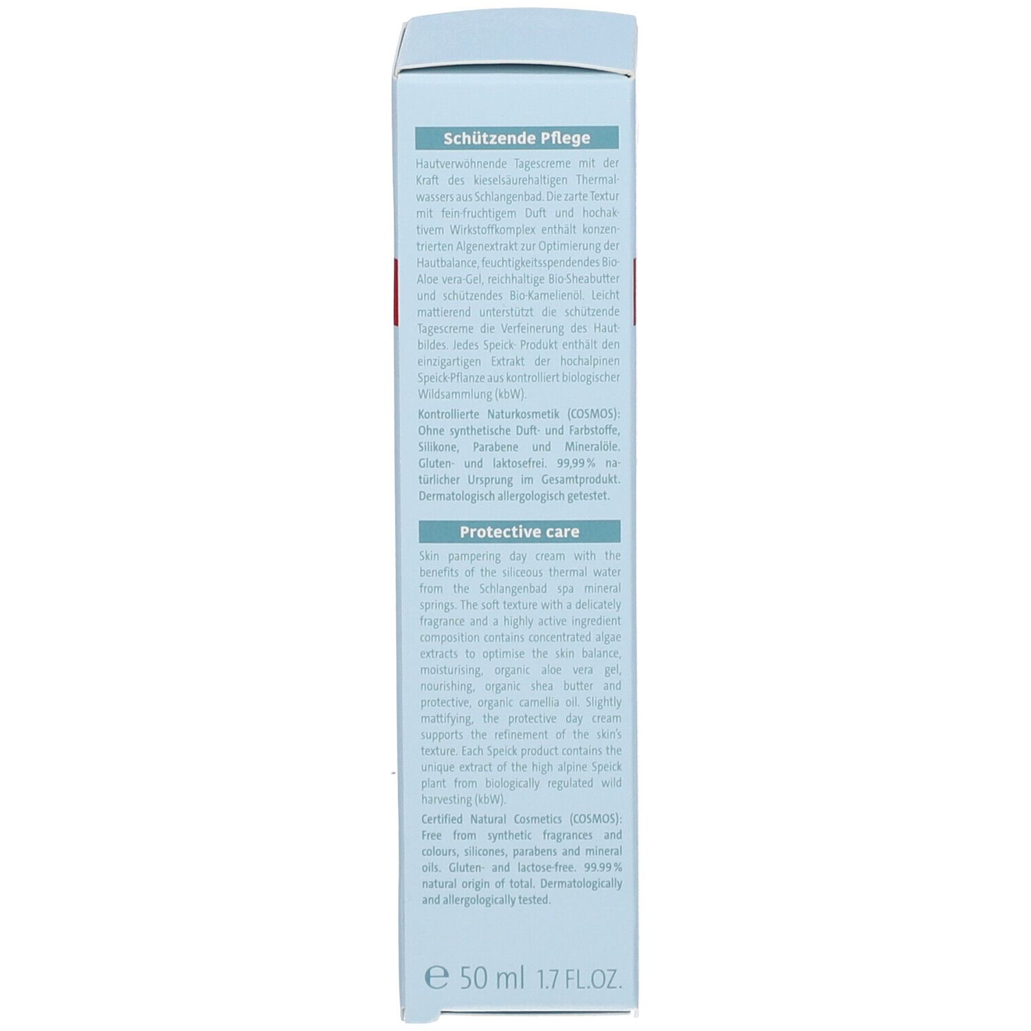Dos de la boîte. Texte en anglais et en allemand. Sceau végétalien. Volume : 50 ml.