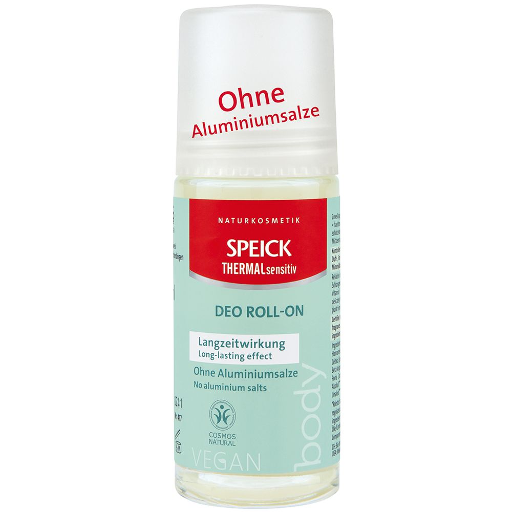 Deo roll-on met witte dop. Rode strook met SPEICK en THERMAL sensitiv. Zonder aluminiumzouten.