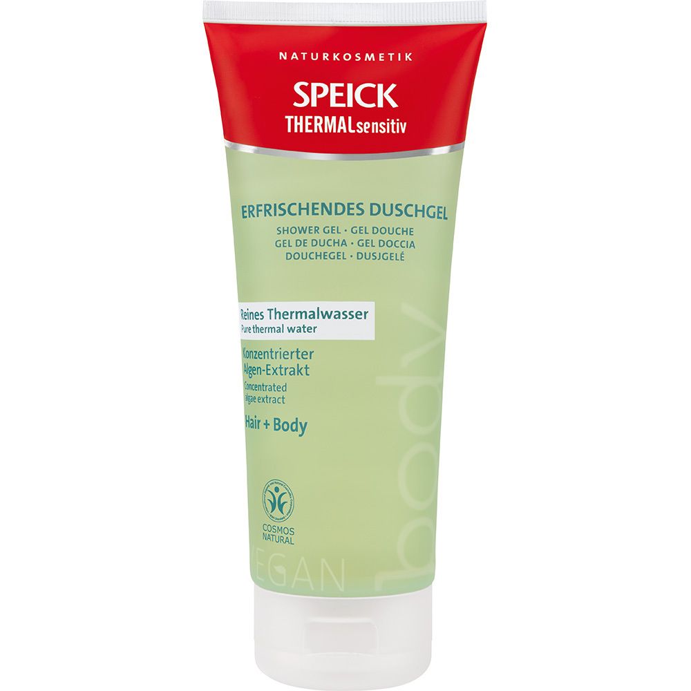 Tube verte avec bouchon rouge. Texte: SPEICK Thermal sensitiv, Duschgel, Hair + Body, Vegan.
