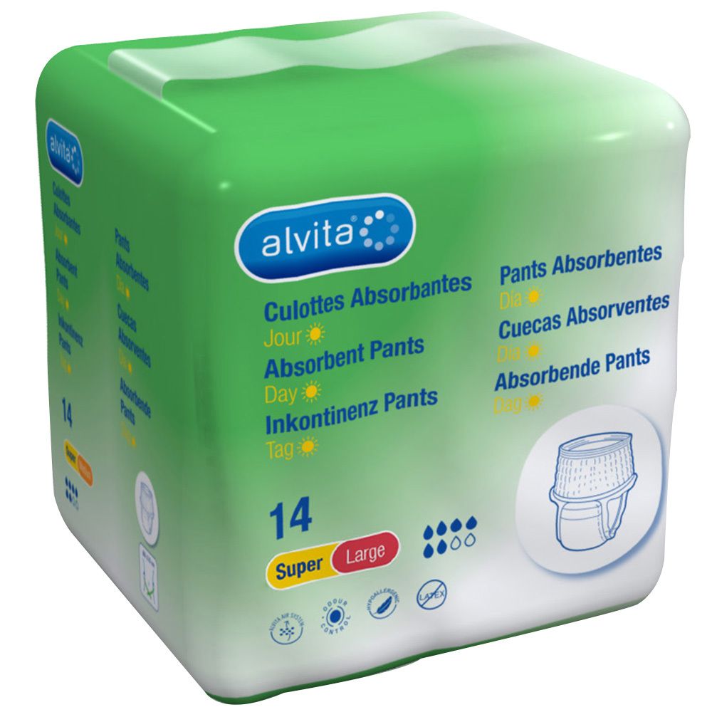 Paquet de culottes absorbantes alvita®. Taille Super Large. Contient 14 unités. Emballage vert et blanc.