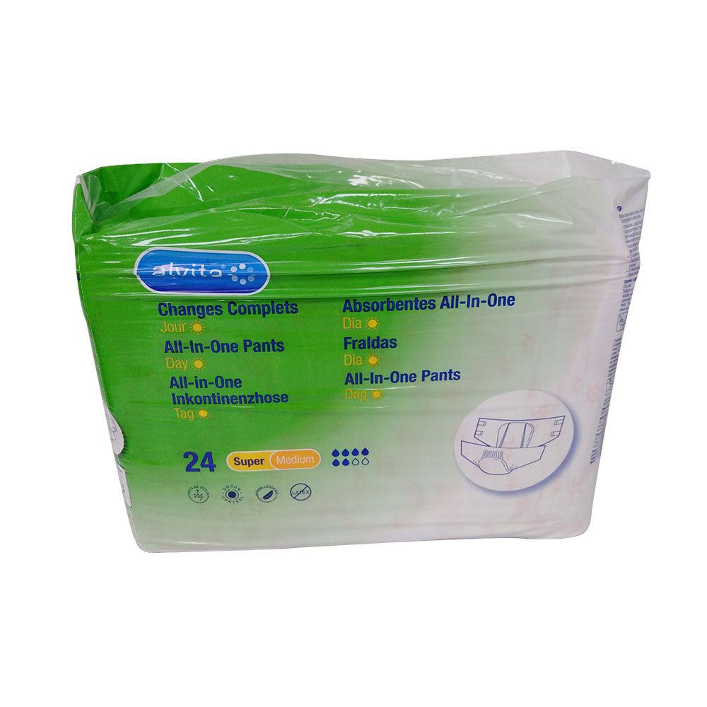 Verpakking incontinentiebroekjes. Opschrift: alvita® All-in-One Pants Super Medium. 24 stuks. Groene en witte verpakking.