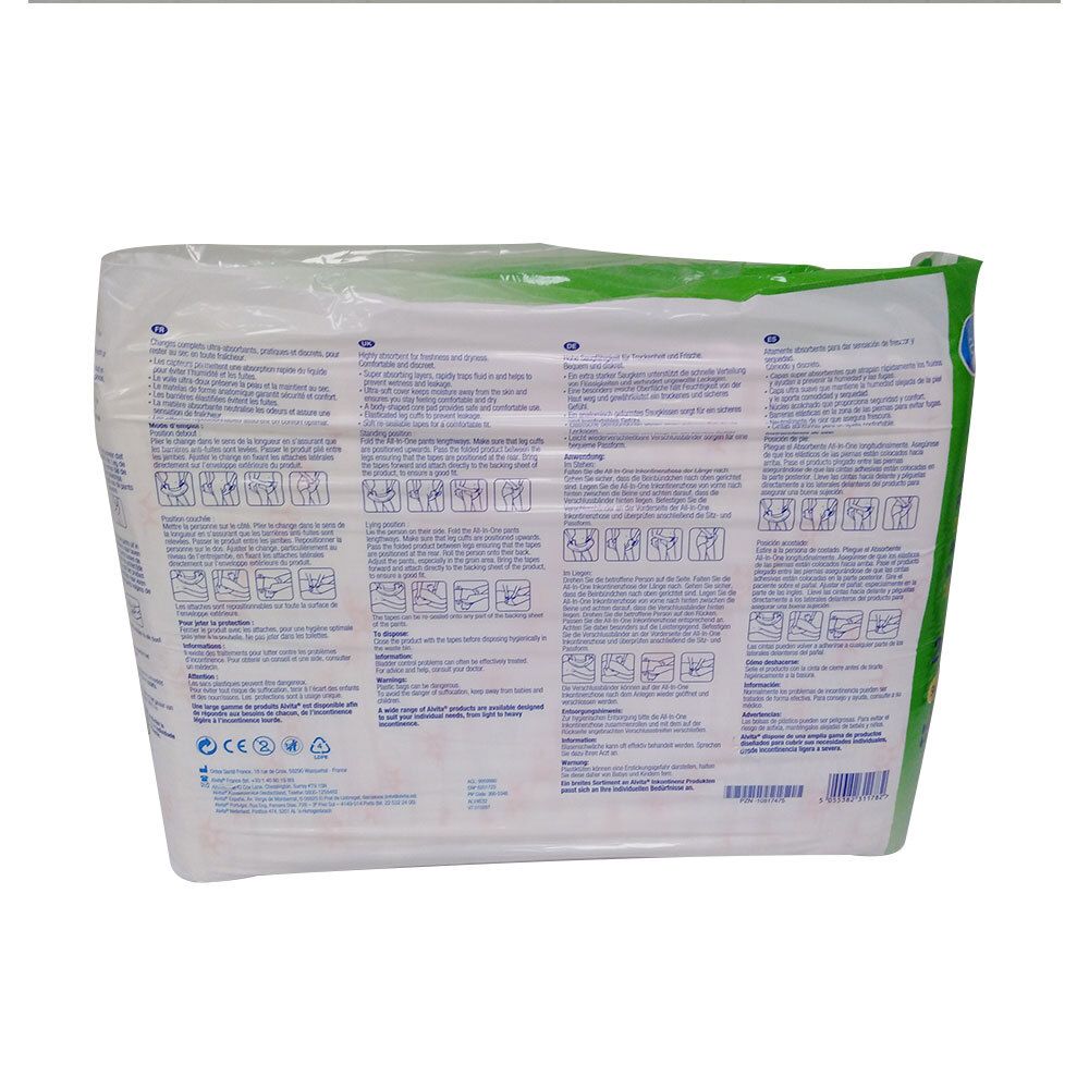 Achterkant van de verpakking met productinformatie en pictogrammen. Meertalige tekst. Transparante verpakking.