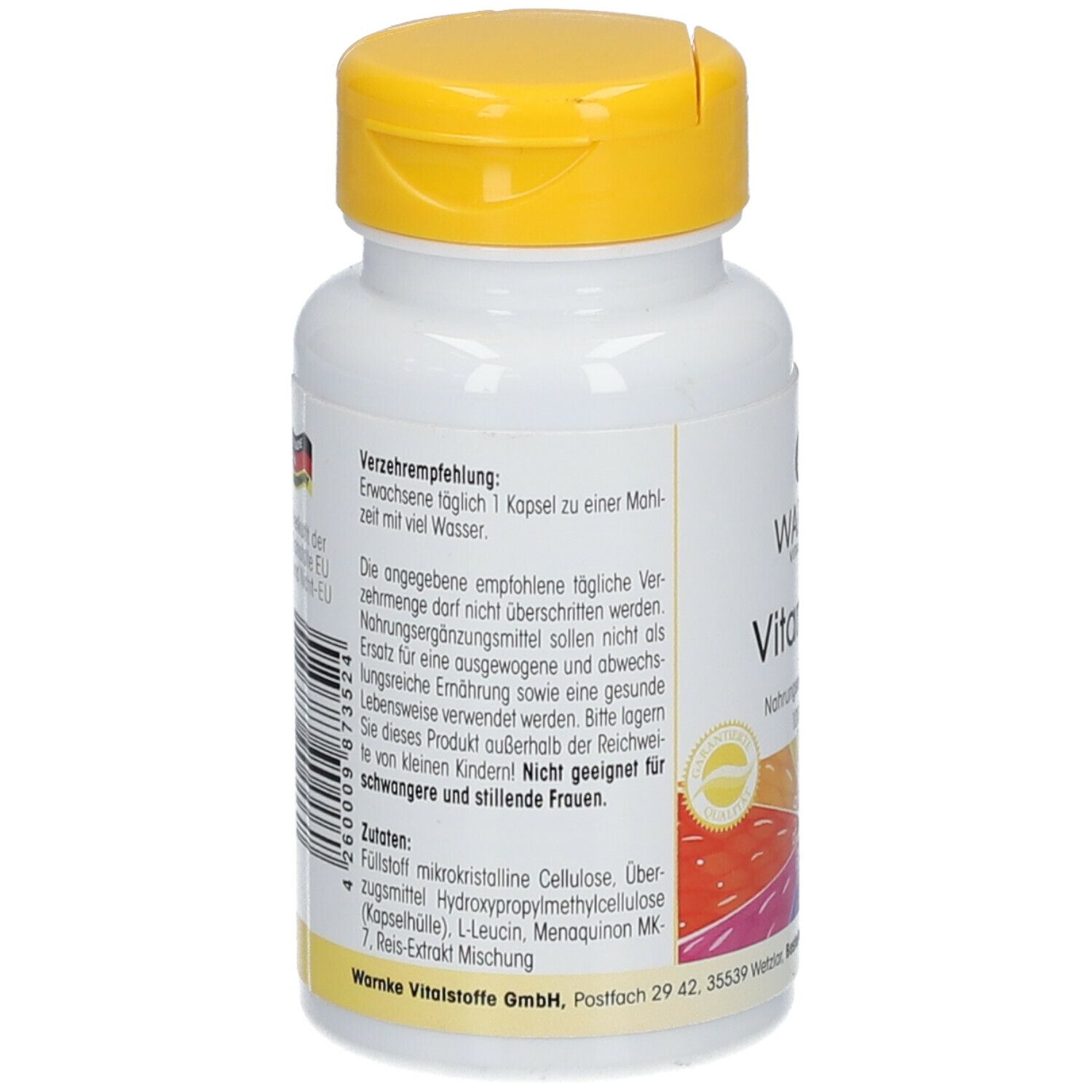 Dos du flacon blanc à bouchon jaune. Texte: Recommandations, ingrédients, avertissement. Drapeau allemand imprimé.